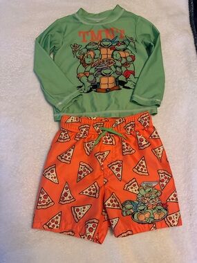 Nickelodeon Green Rash Guard with Orange Pizza Swim Shorts